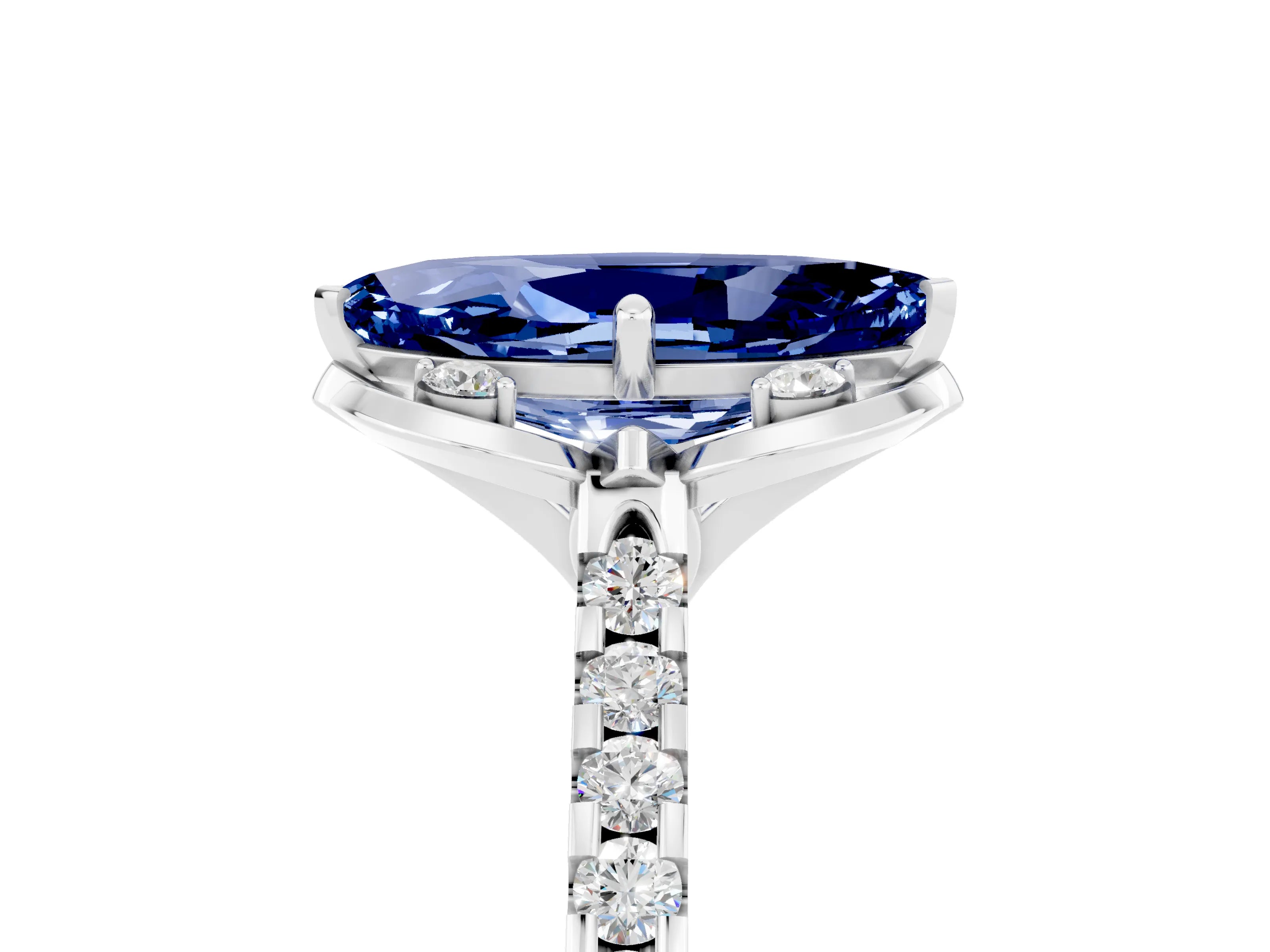White gold Marquise Cut Blue Sapphire Ring with Pavé Band and Floral Prong Setting_5