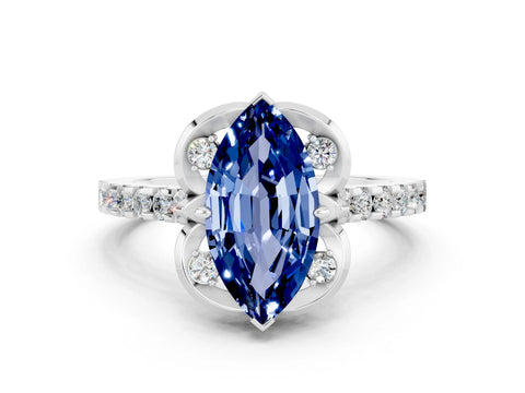 White gold Marquise Cut Blue Sapphire Ring with Pavé Band and Floral Prong Setting