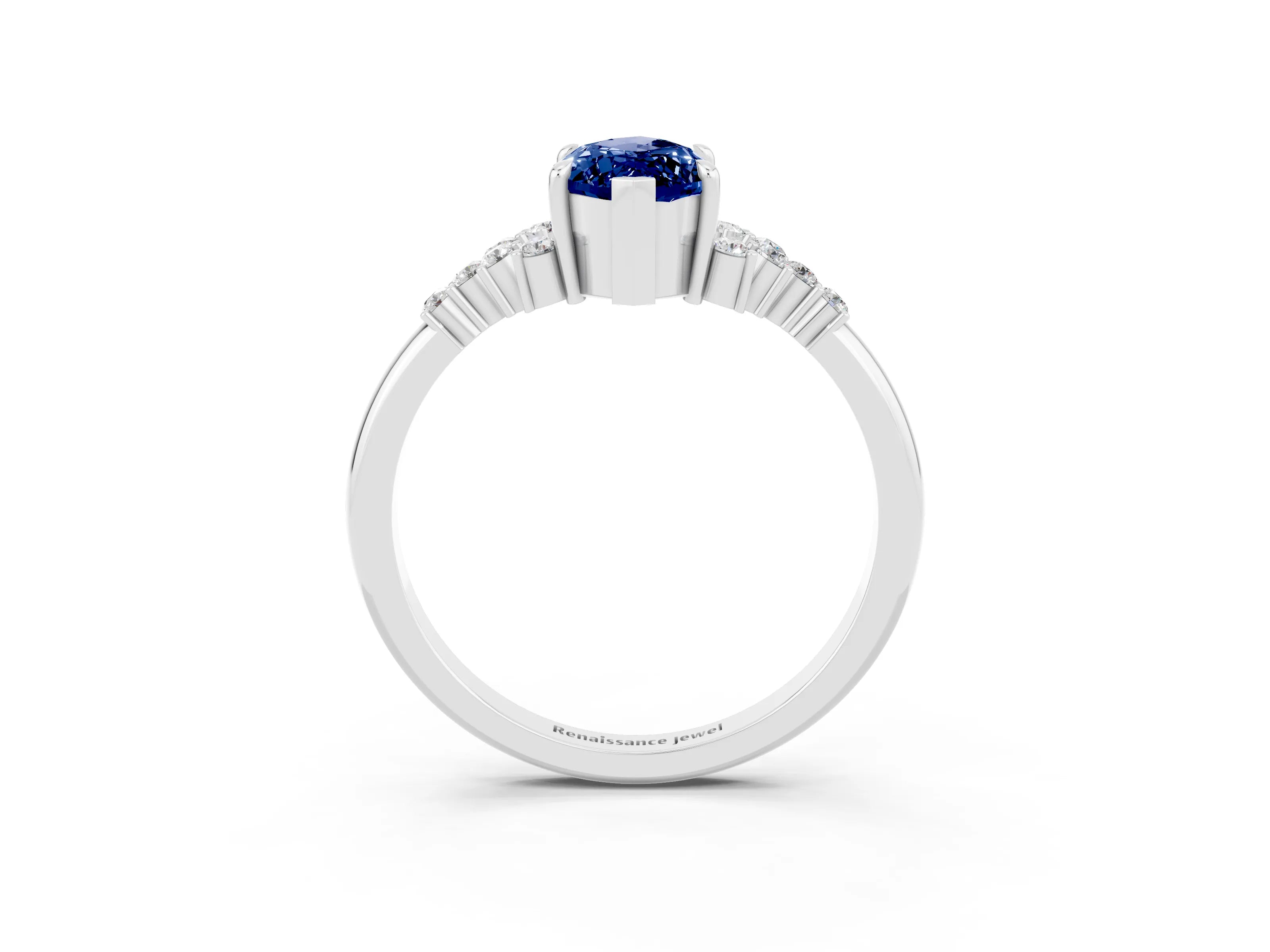 White gold Marquise Cut Blue Sapphire Ring with Side Stones and Four-Prong Setting_63