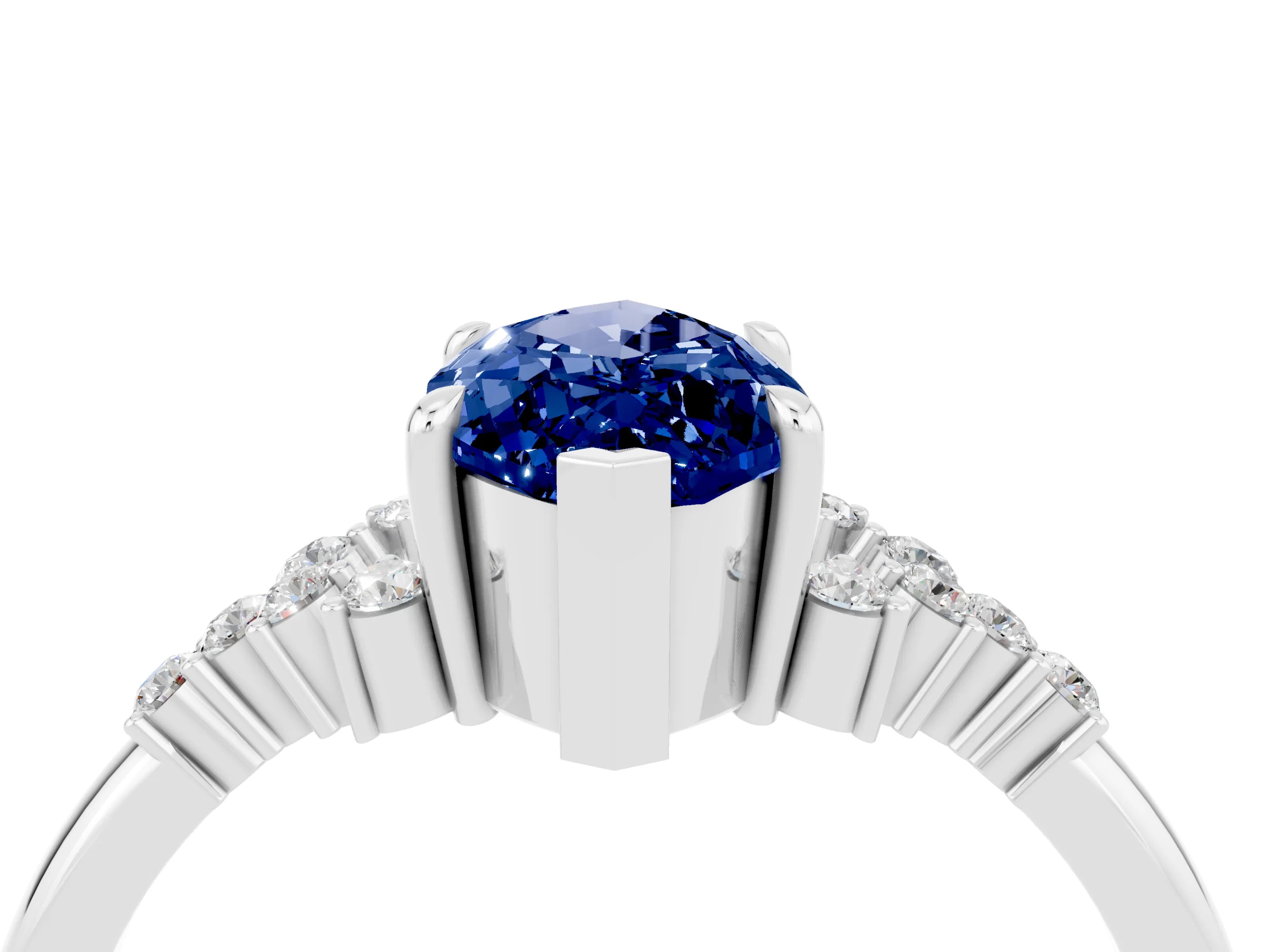 White gold Marquise Cut Blue Sapphire Ring with Side Stones and Four-Prong Setting_64
