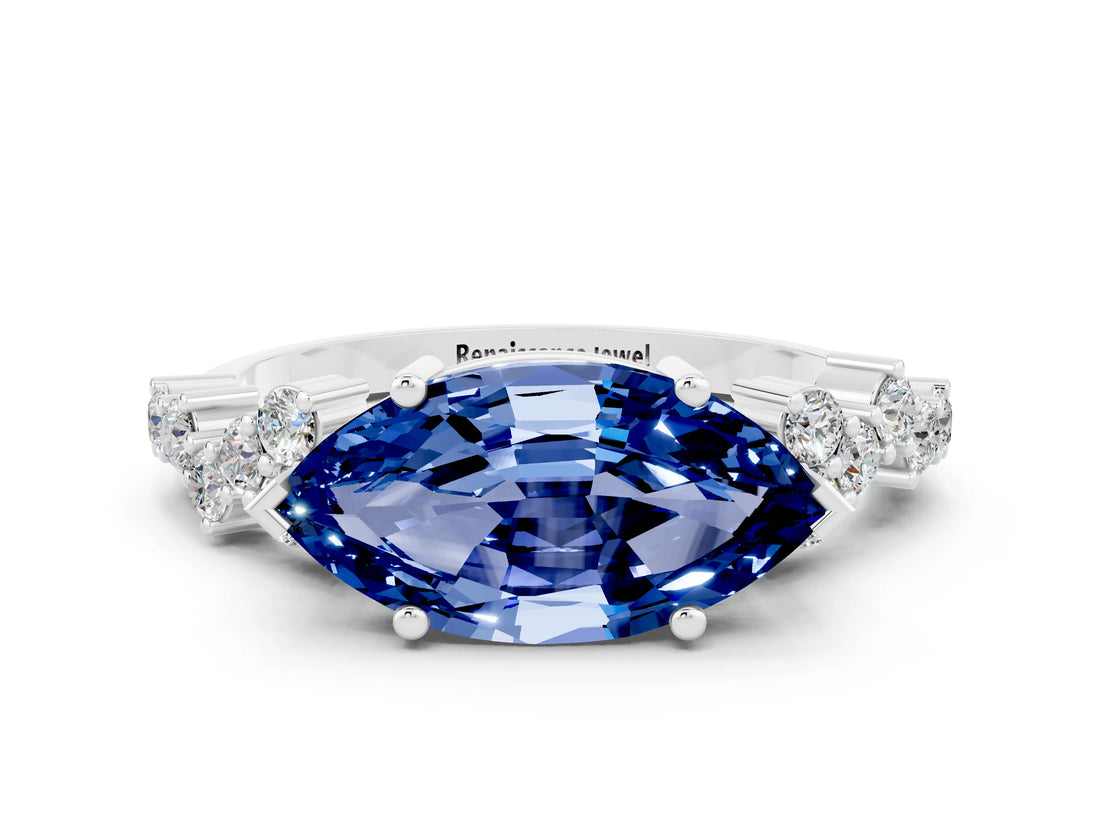White gold Marquise Cut Blue Sapphire Scattered Round Accent Ring with Prong Setting_36