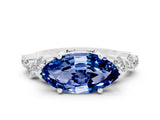 White gold Marquise Cut Blue Sapphire Scattered Round Accent Ring with Prong Setting_36