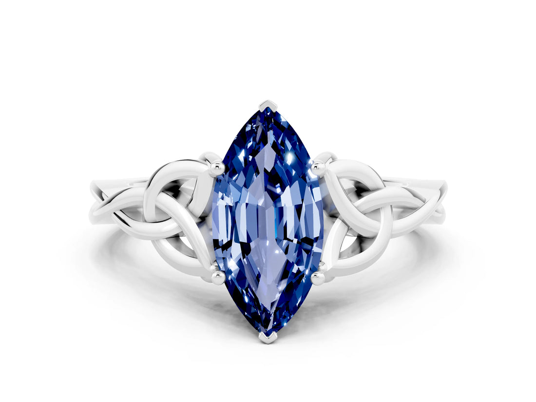 White gold Marquise Cut Blue Sapphire Solitaire Celtic Knot Ring with Four-Prong Setting_12