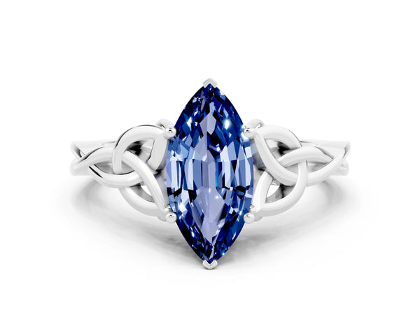 White gold Marquise Cut Blue Sapphire Solitaire Celtic Knot Ring with Four-Prong Setting