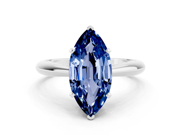 White gold Marquise Cut Blue Sapphire Solitaire Engagement Ring with Cathedral Setting and Four-Prong Mount