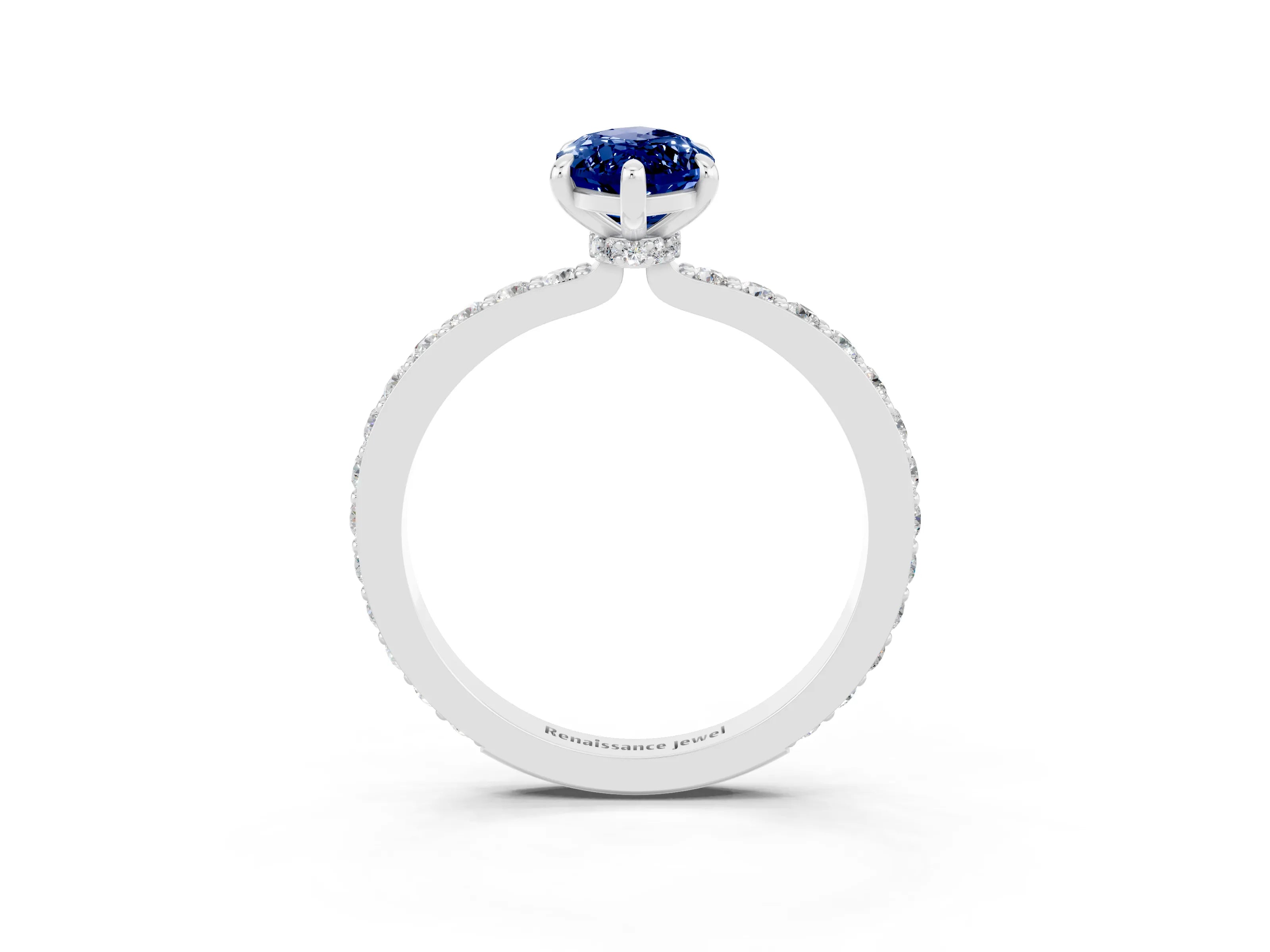 White gold Marquise Cut Blue Sapphire Solitaire Engagement Ring with Pavé Band and Four-Prong Setting_3