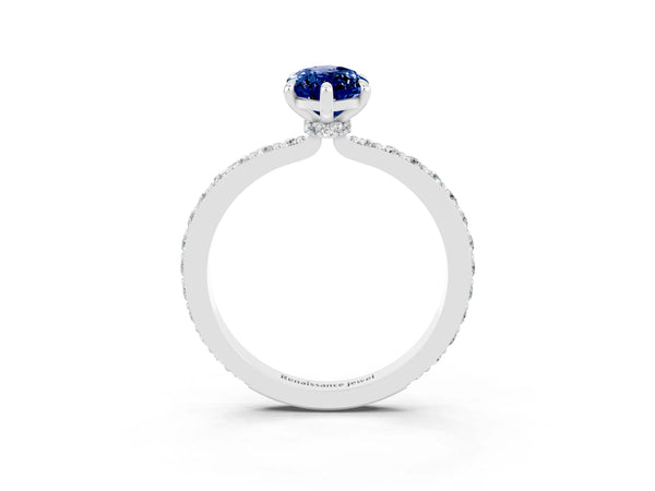 White gold Marquise Cut Blue Sapphire Solitaire Engagement Ring with Pavé Band and Four-Prong Setting