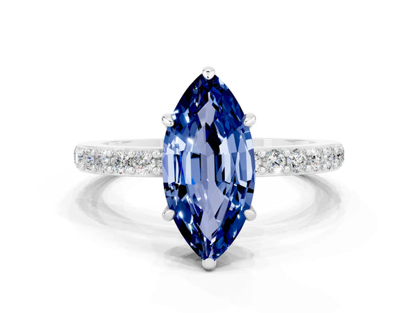 White gold Marquise Cut Blue Sapphire Solitaire Engagement Ring with Pavé Band and Four-Prong Setting