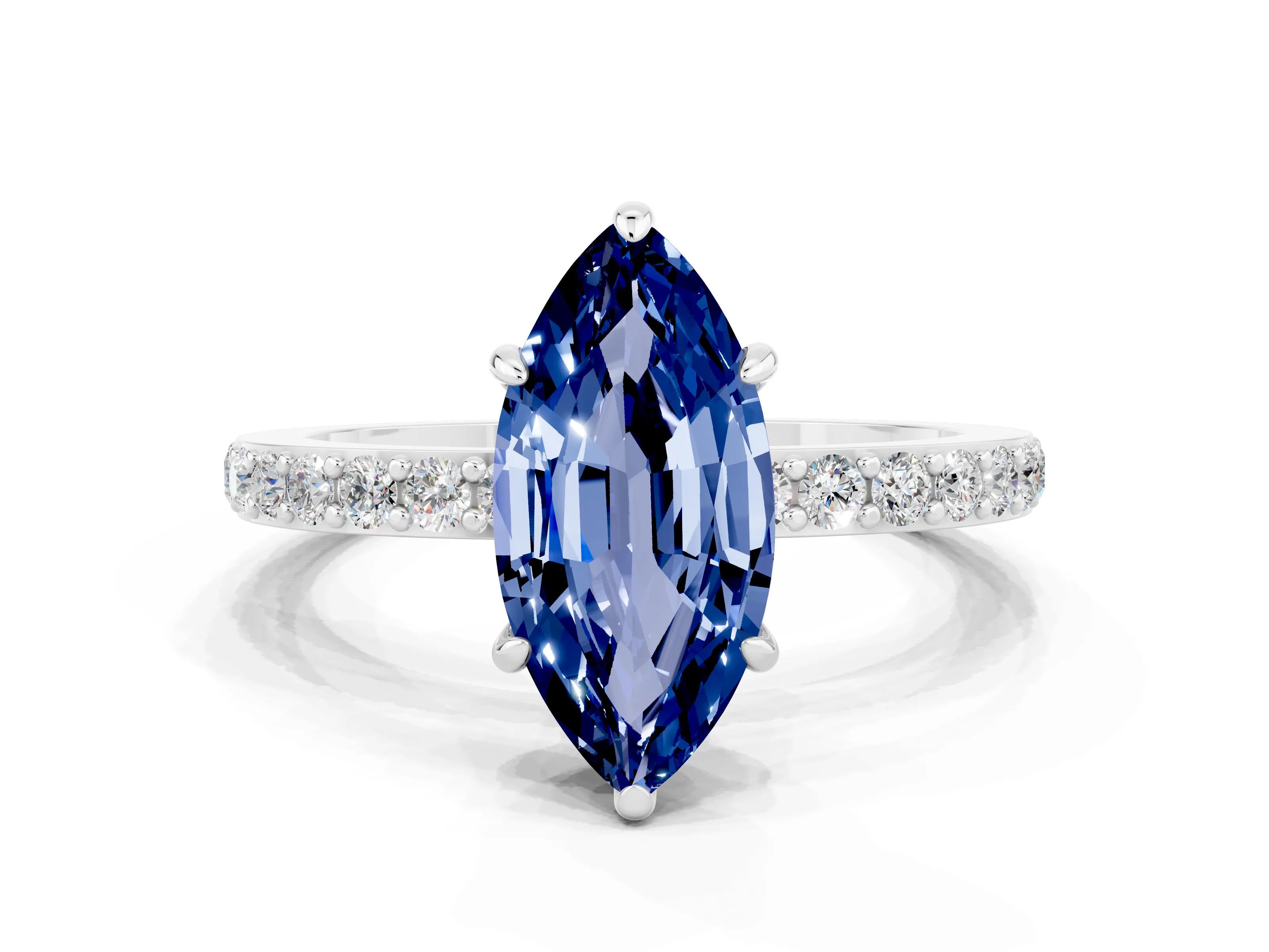 White gold Marquise Cut Blue Sapphire Solitaire Engagement Ring with Pavé Band and Four-Prong Setting