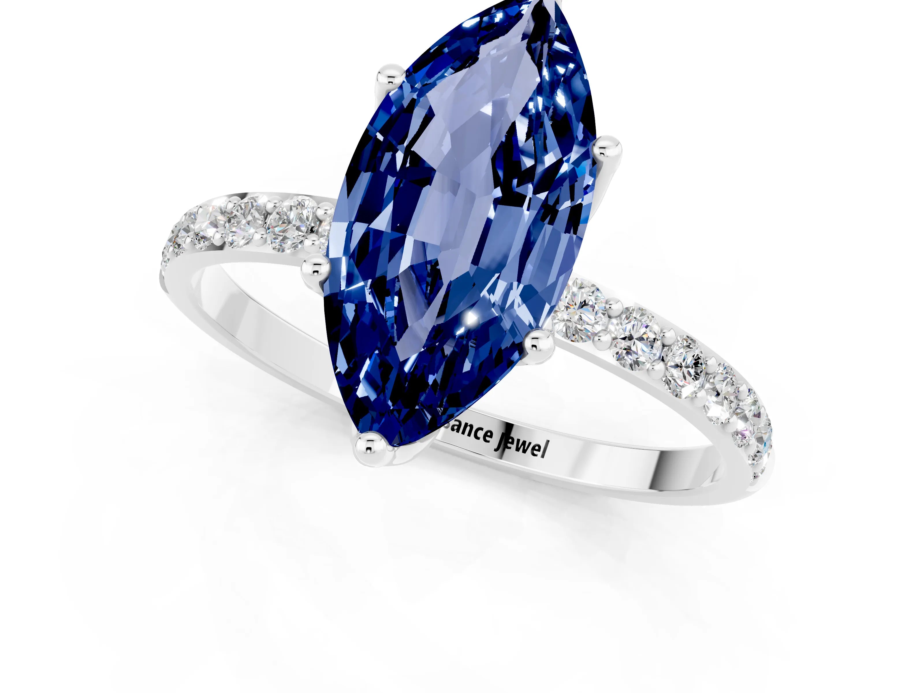 White gold Marquise Cut Blue Sapphire Solitaire Engagement Ring with Pavé Band and Prong Setting_1