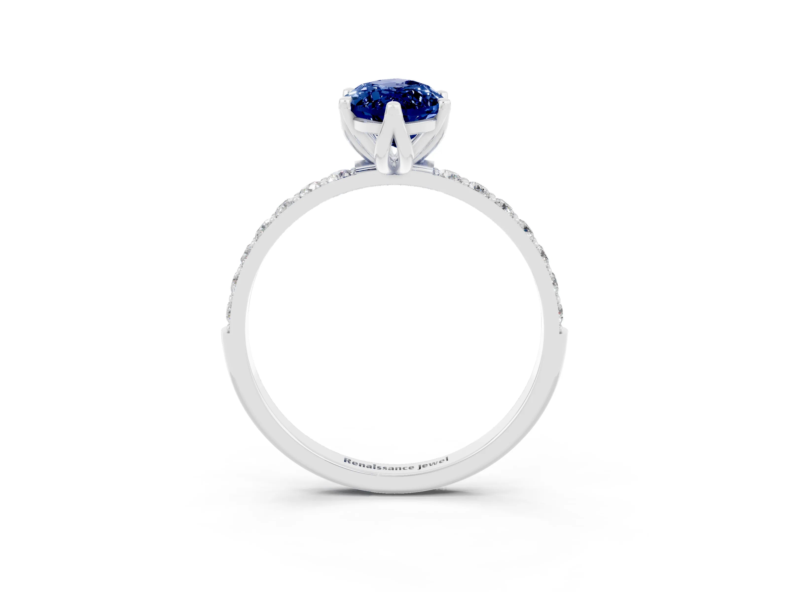 White gold Marquise Cut Blue Sapphire Solitaire Engagement Ring with Pavé Band and Prong Setting_3