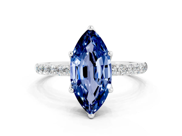 Silver Marquise Cut Blue Sapphire Solitaire Engagement Ring with Round  Pavé Band and Prong Setting