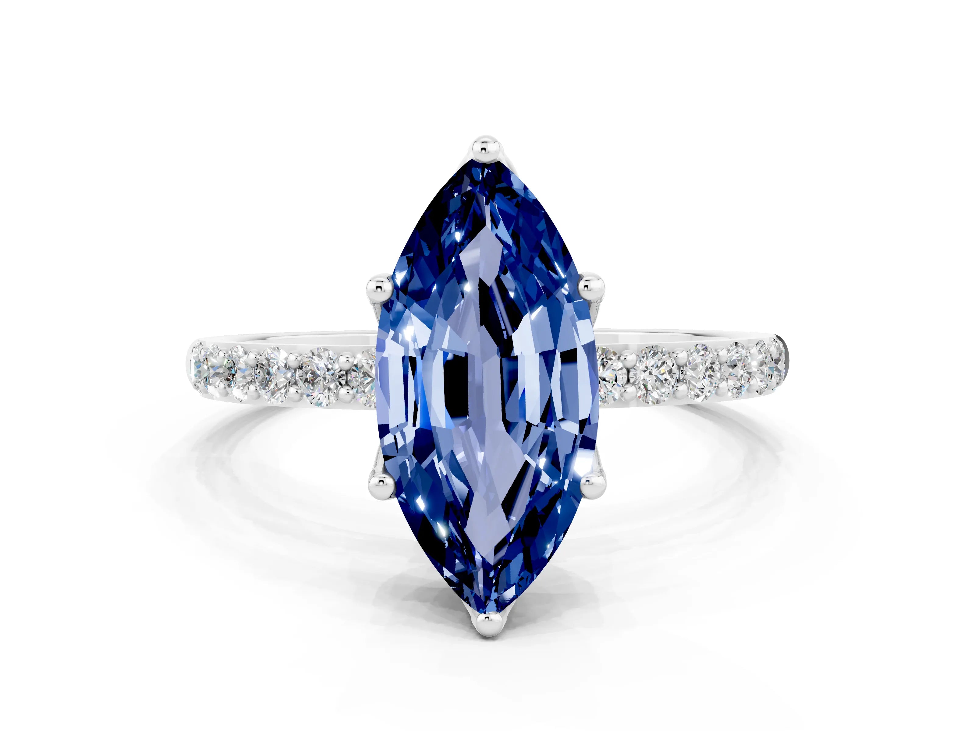 White gold Marquise Cut Blue Sapphire Solitaire Engagement Ring with Pavé Band and Prong Setting