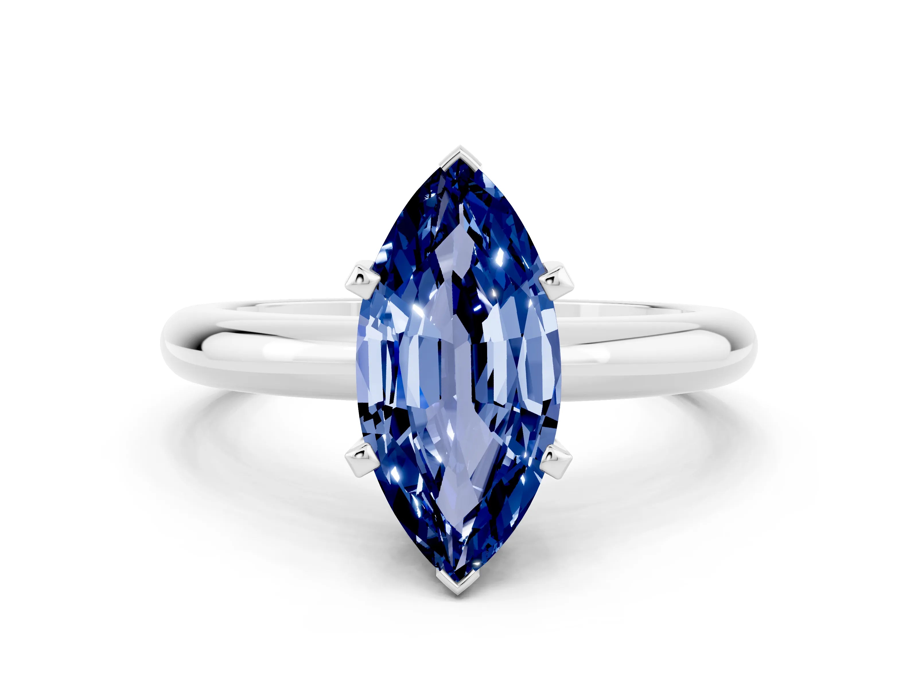 White gold Marquise Cut Blue Sapphire Solitaire Engagement Ring with Round Band and Four-Prong Setting