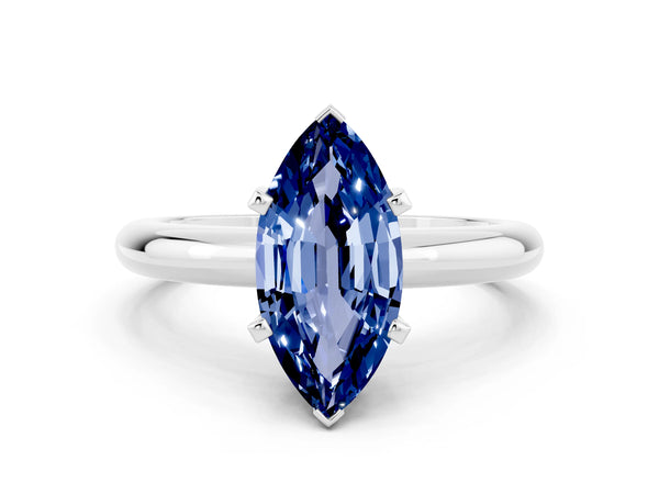 White gold Marquise Cut Blue Sapphire Solitaire Engagement Ring with Round Band and Four-Prong Setting