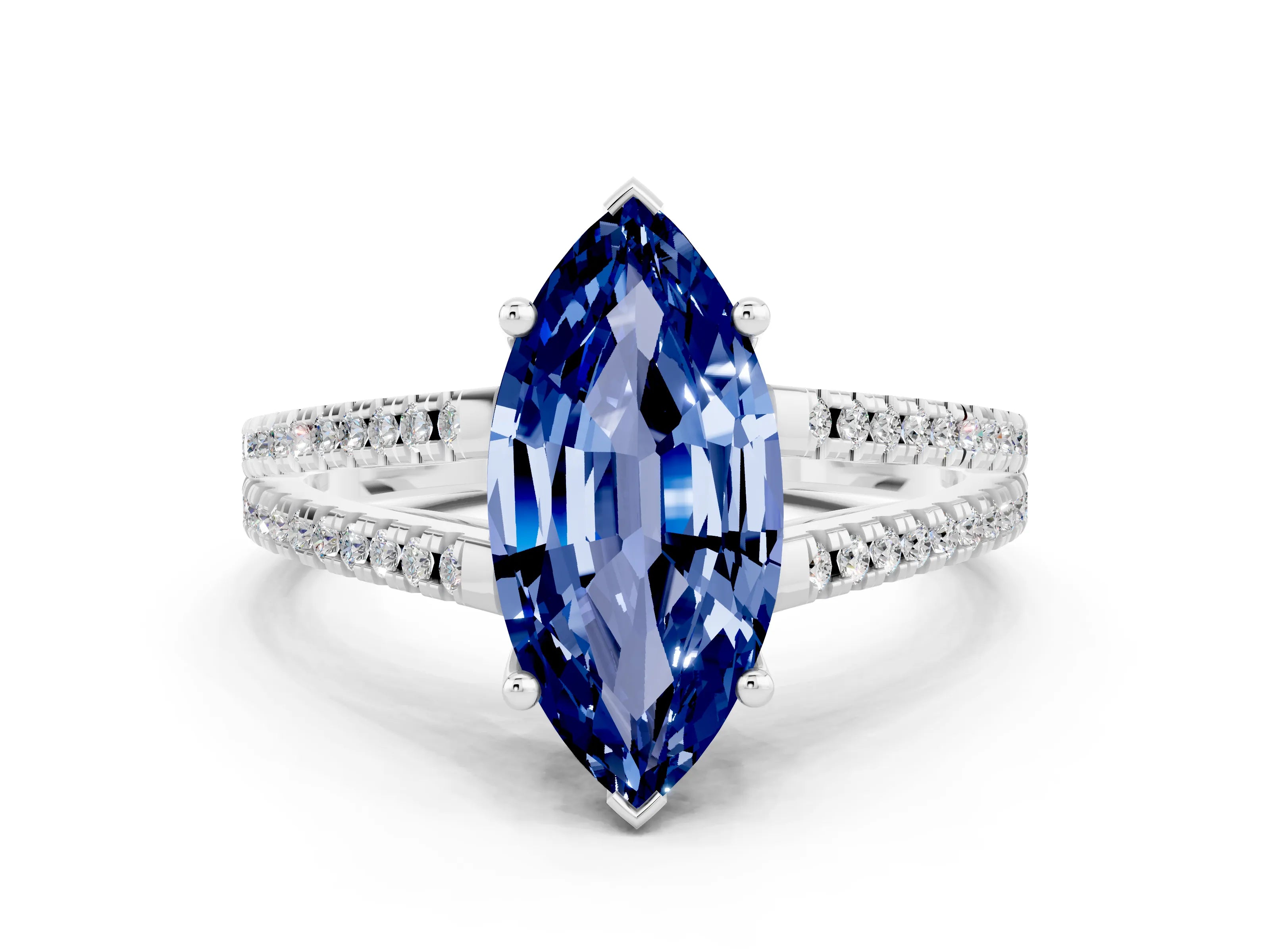 White gold Marquise Cut Blue Sapphire Solitaire Engagement Ring with Split Shank Pavé Band