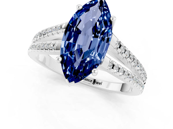 Platinum Marquise Cut Blue Sapphire Solitaire Engagement Ring with Split Shank Pavé Band