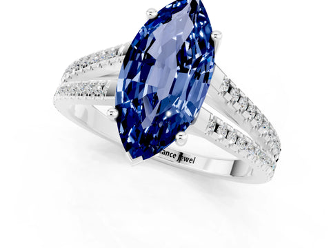 White gold Marquise Cut Blue Sapphire Solitaire Engagement Ring with Split Shank Pavé Band_1