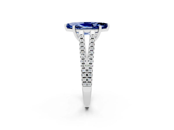 White gold Marquise Cut Blue Sapphire Solitaire Engagement Ring with Split Shank Pavé Band