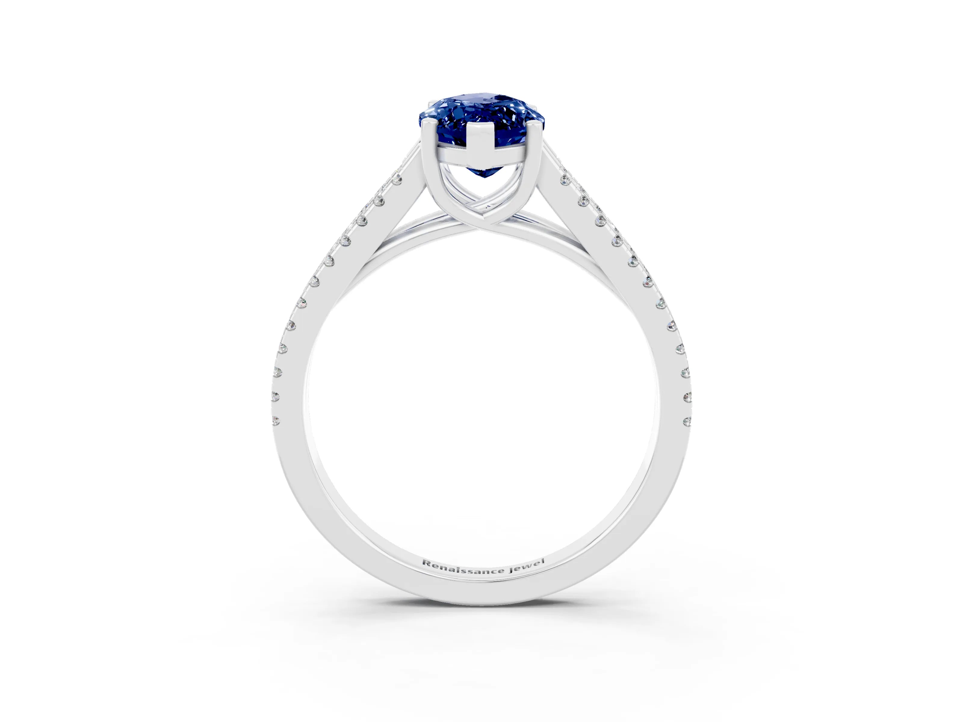 White gold Marquise Cut Blue Sapphire Solitaire Engagement Ring with Split Shank Pavé Band_3