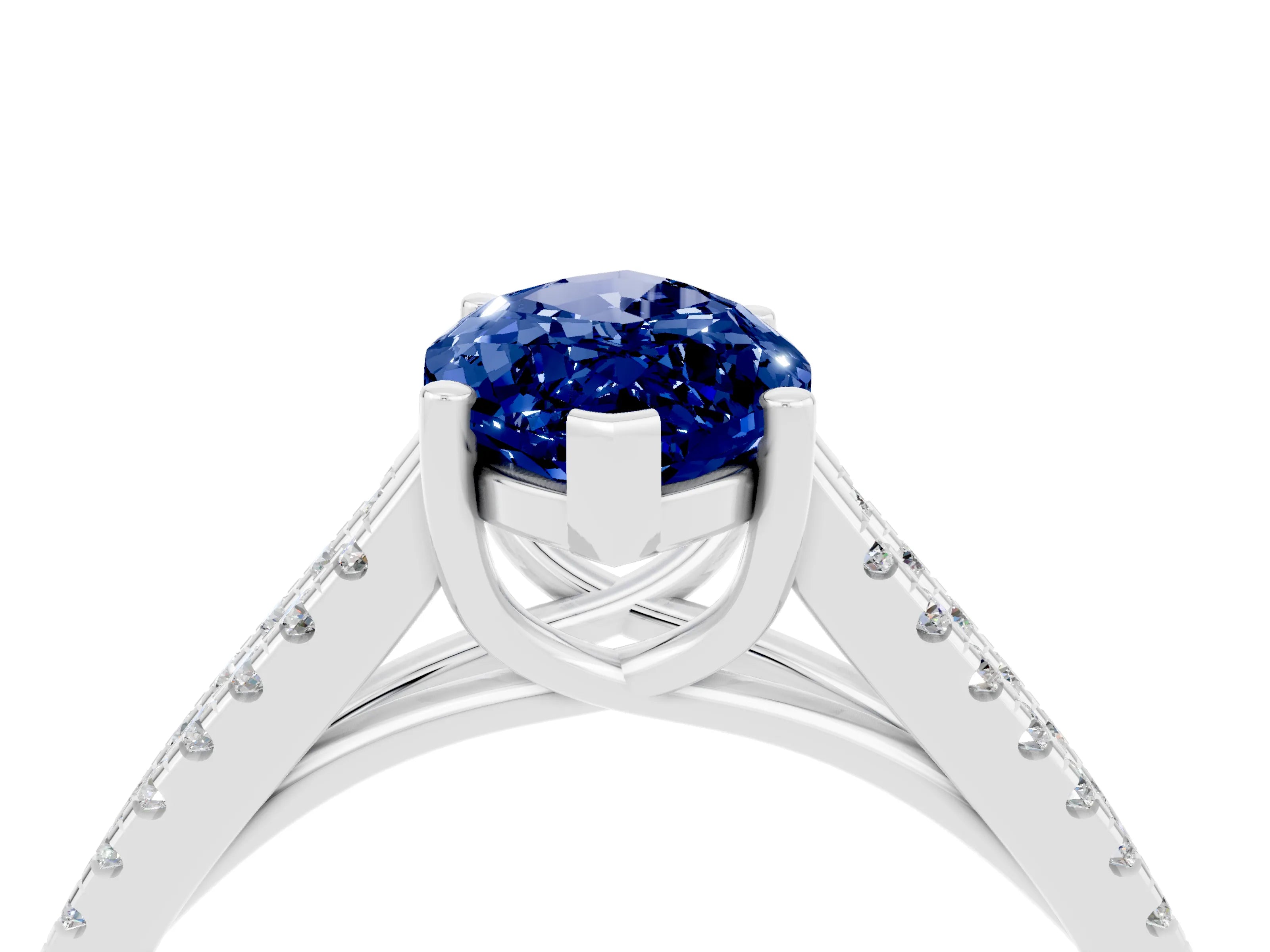 White gold Marquise Cut Blue Sapphire Solitaire Engagement Ring with Split Shank Pavé Band_4