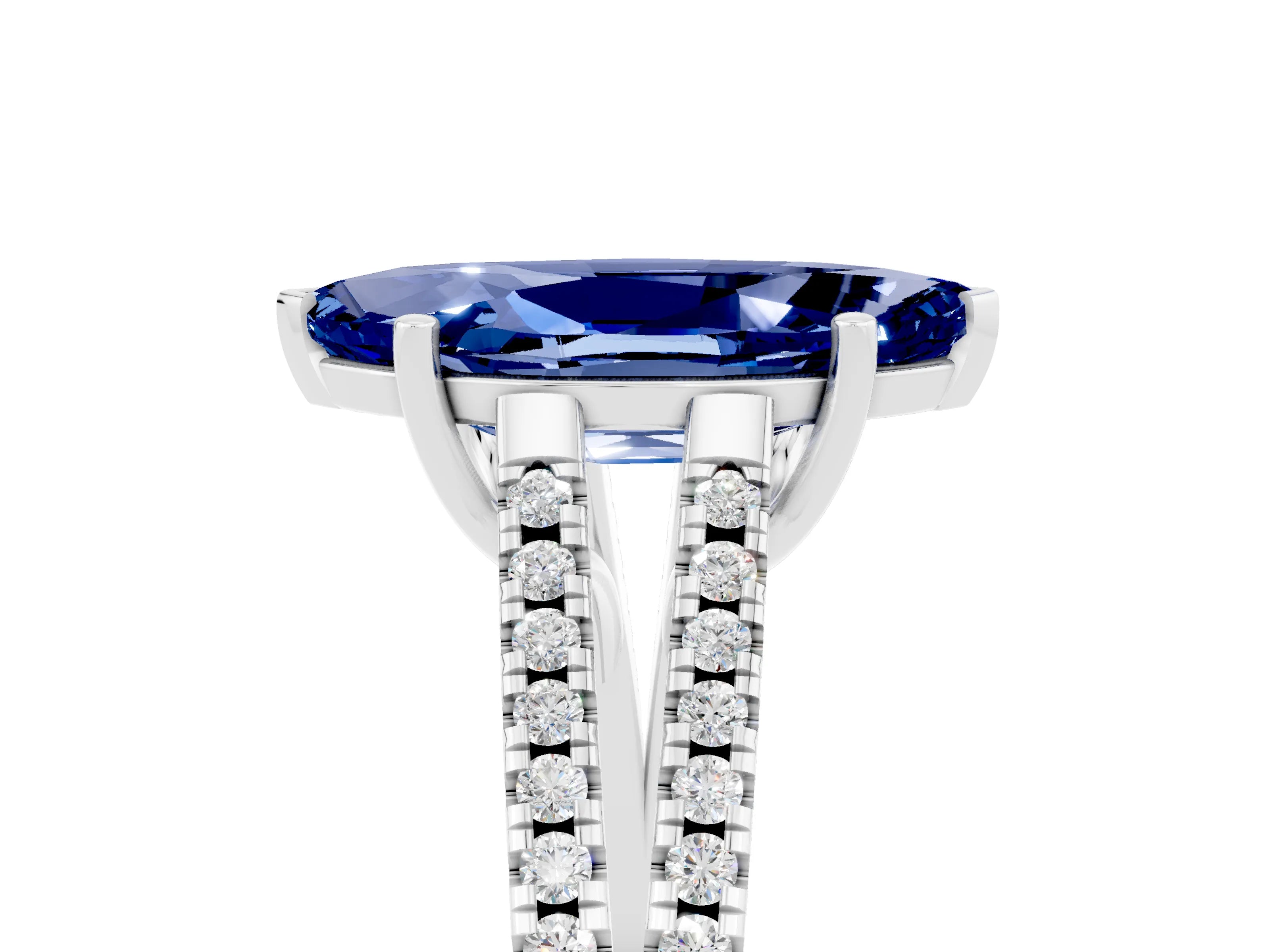 White gold Marquise Cut Blue Sapphire Solitaire Engagement Ring with Split Shank Pavé Band_5