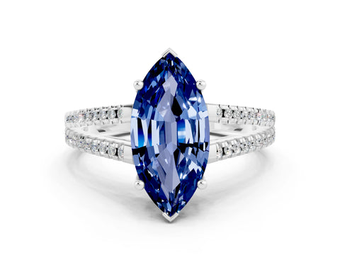 White gold Marquise Cut Blue Sapphire Solitaire Engagement Ring with Split Shank Pavé Band