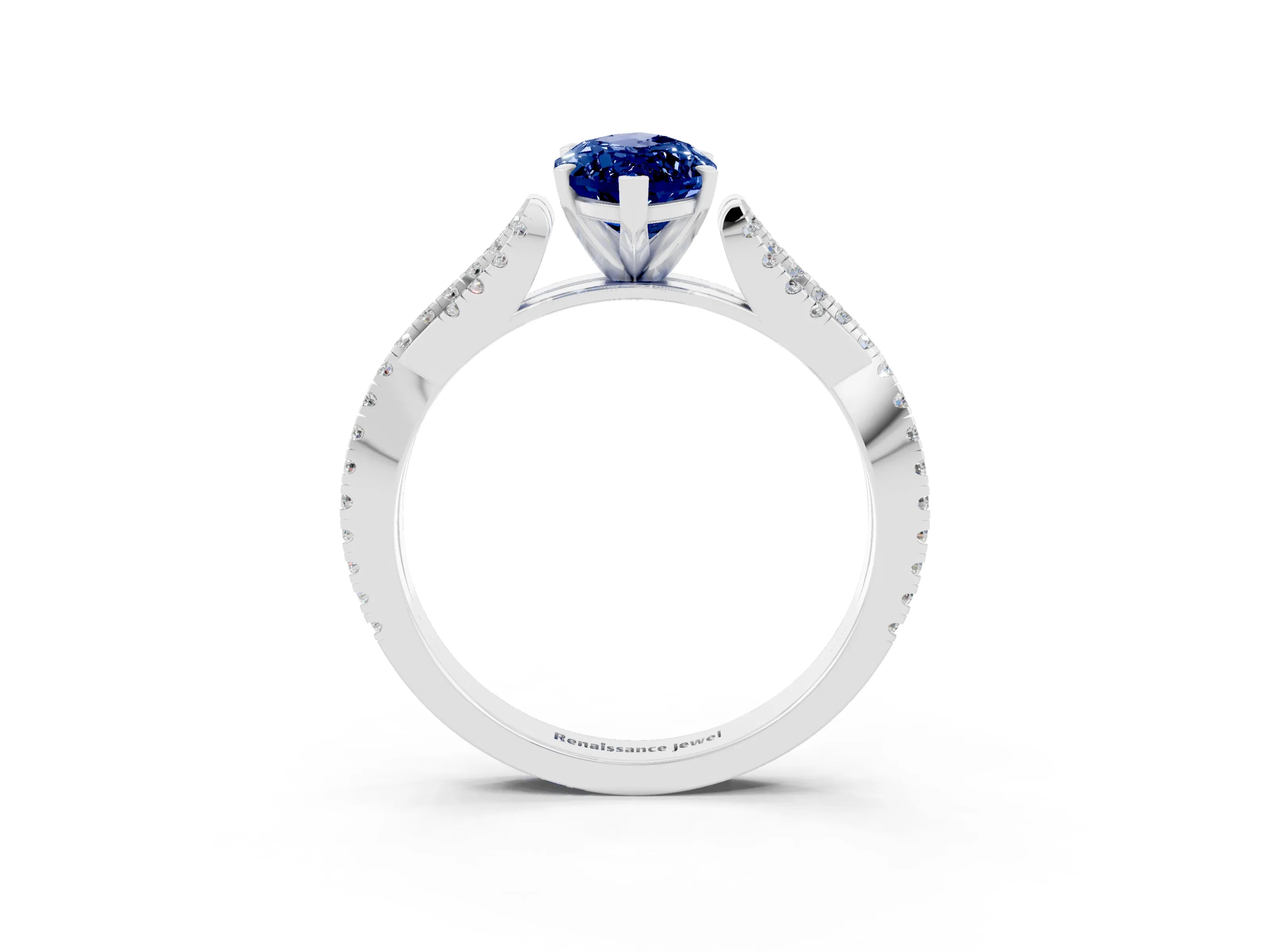 White gold Marquise Cut Blue Sapphire Solitaire Engagement Ring with Twisted Pavé Band and Four-Prong Setting_3