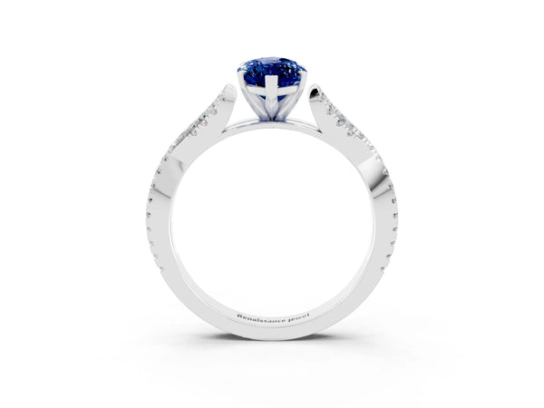 Platinum Marquise Cut Blue Sapphire Solitaire Engagement Ring with Twisted Pavé Band and Four-Prong Setting