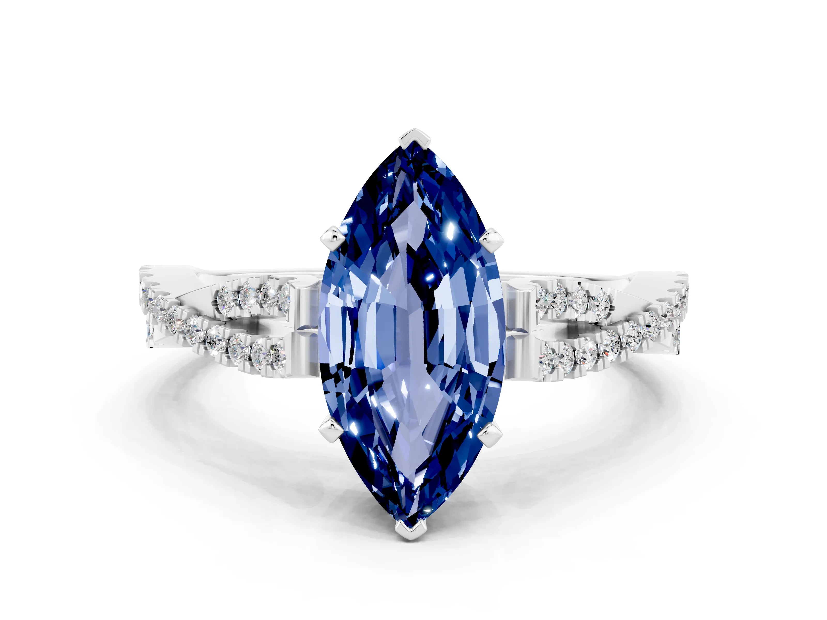 White gold Marquise Cut Blue Sapphire Solitaire Engagement Ring with Twisted Pavé Band and Four-Prong Setting