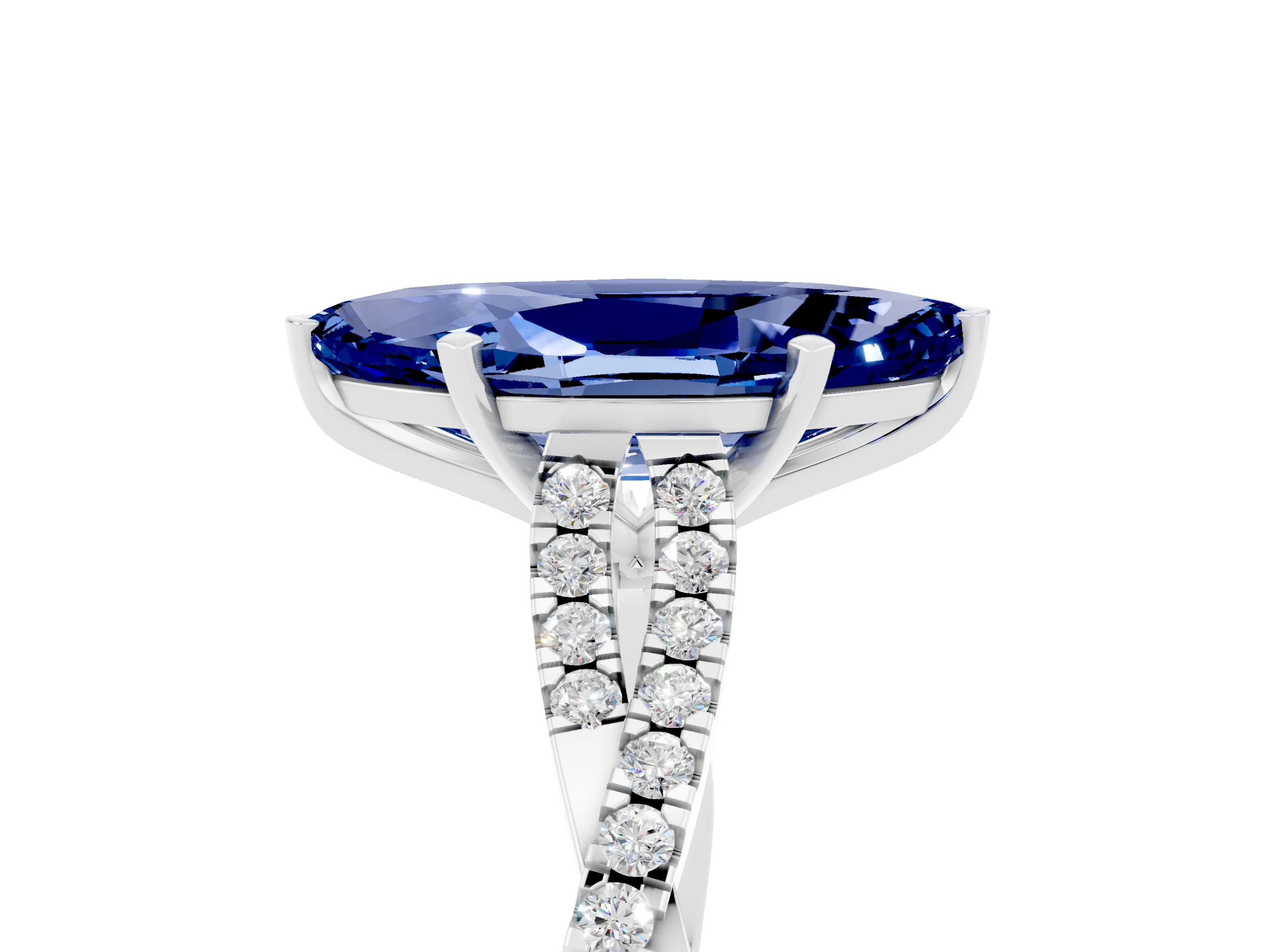 White gold Marquise Cut Blue Sapphire Solitaire Engagement Ring with Twisted Pavé Band and Four-Prong Setting_5