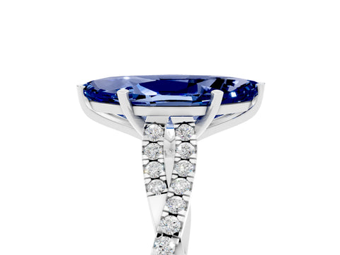 White gold Marquise Cut Blue Sapphire Solitaire Engagement Ring with Twisted Pavé Band and Four-Prong Setting_5