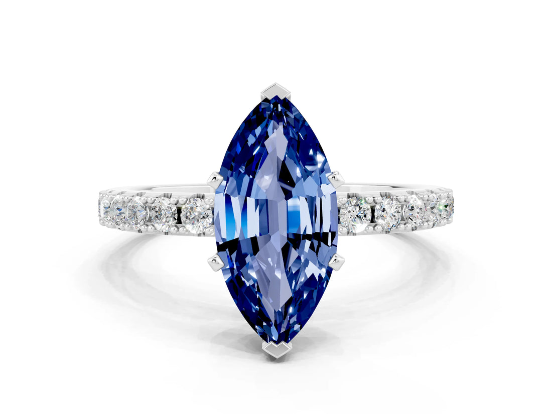 White gold Marquise Cut Blue Sapphire Solitaire Pavé Band with Four-Prong Setting