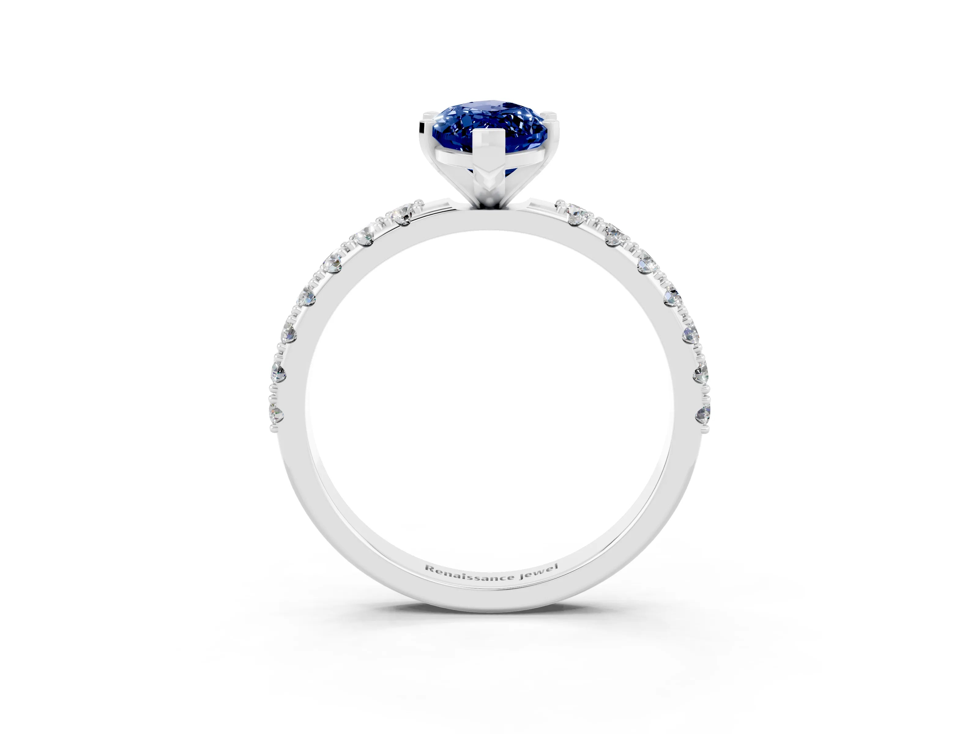 White gold Marquise Cut Blue Sapphire Solitaire Pavé Band with Four-Prong Setting_3