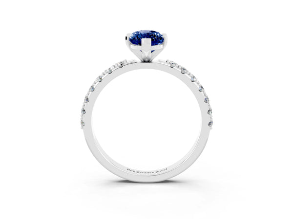 Silver Marquise Cut Blue Sapphire Solitaire Pavé Band with Four-Prong Setting