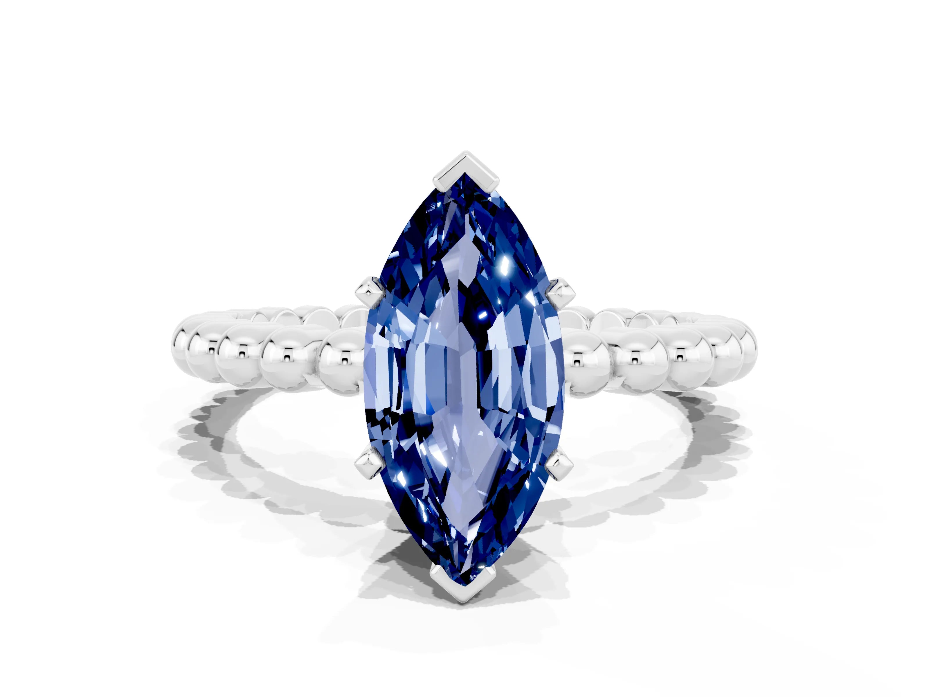 White gold Marquise Cut Blue Sapphire Solitaire Ring with Beaded Band and Prong Setting_24