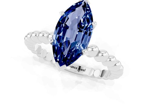 White gold Marquise Cut Blue Sapphire Solitaire Ring with Beaded Band and Prong Setting_25