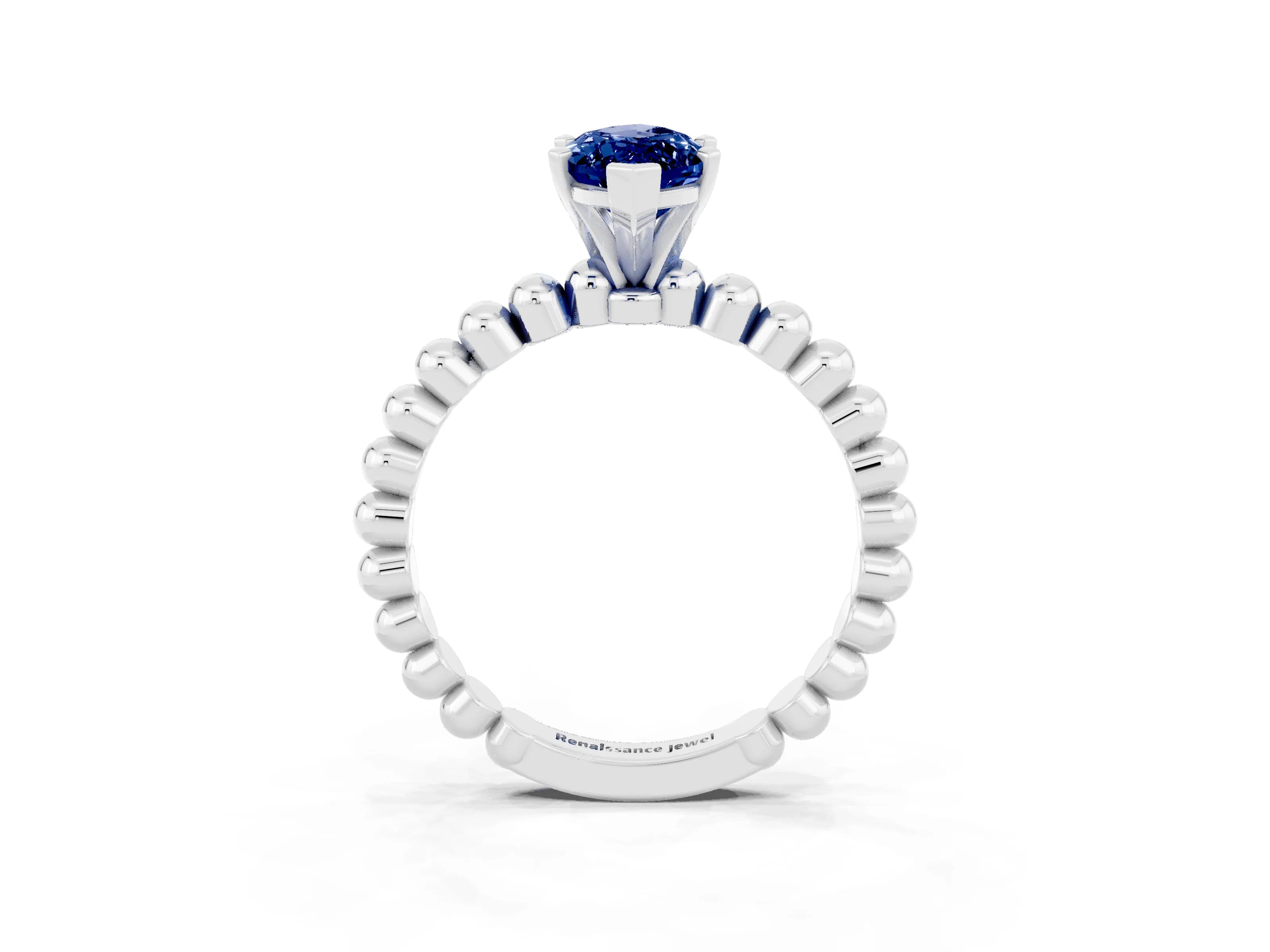 White gold Marquise Cut Blue Sapphire Solitaire Ring with Beaded Band and Prong Setting_27