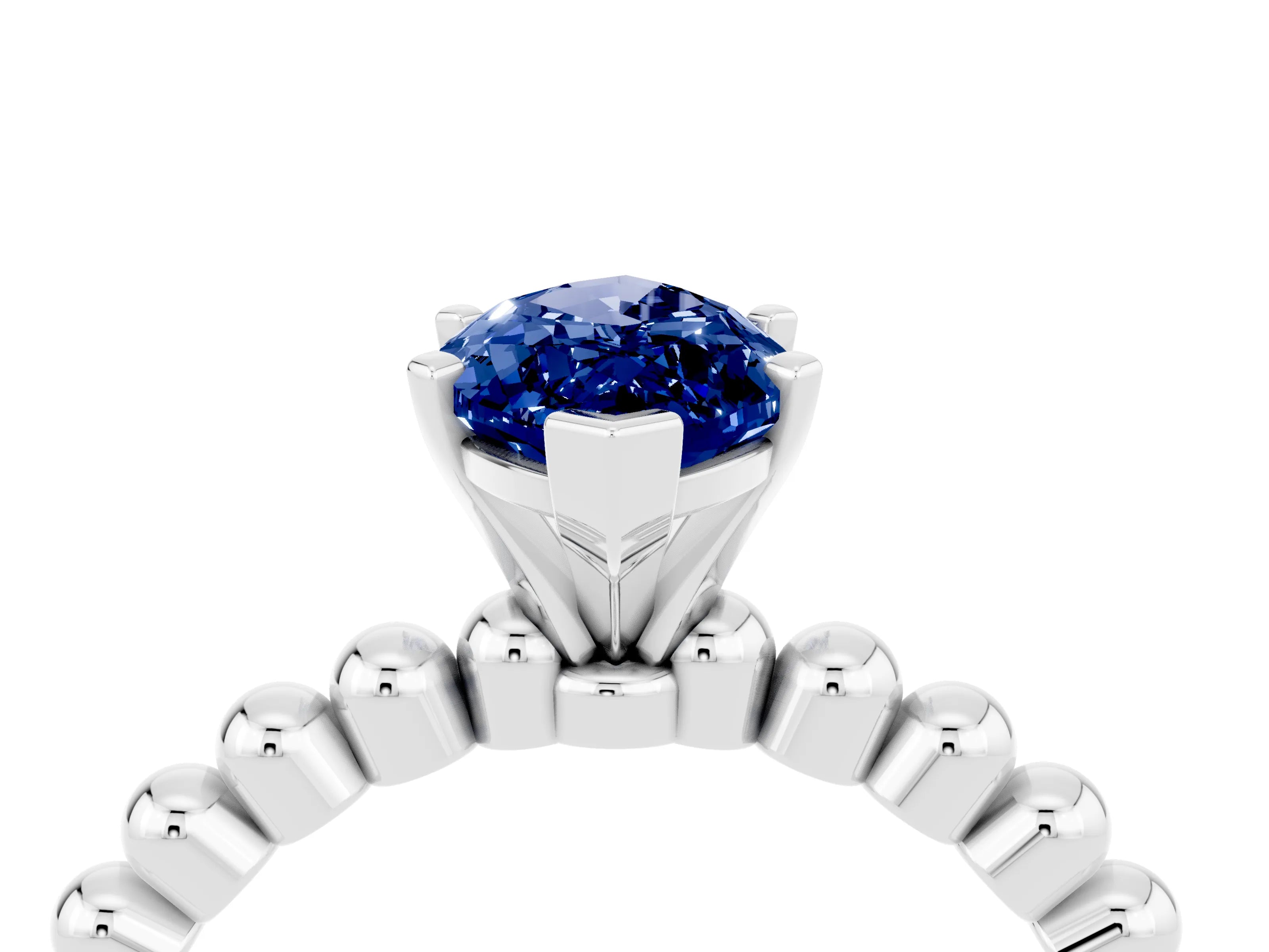 White gold Marquise Cut Blue Sapphire Solitaire Ring with Beaded Band and Prong Setting_28