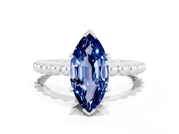 White gold Marquise Cut Blue Sapphire Solitaire Ring with Beaded Band and Prong Setting