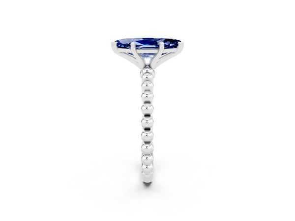 White gold Marquise Cut Blue Sapphire Solitaire Ring with Beaded Band and Prong Setting