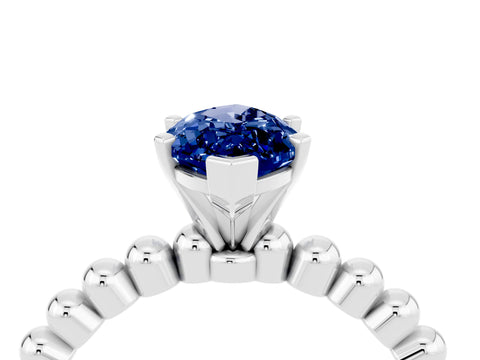 White gold Marquise Cut Blue Sapphire Solitaire Ring with Beaded Band and Prong Setting_40