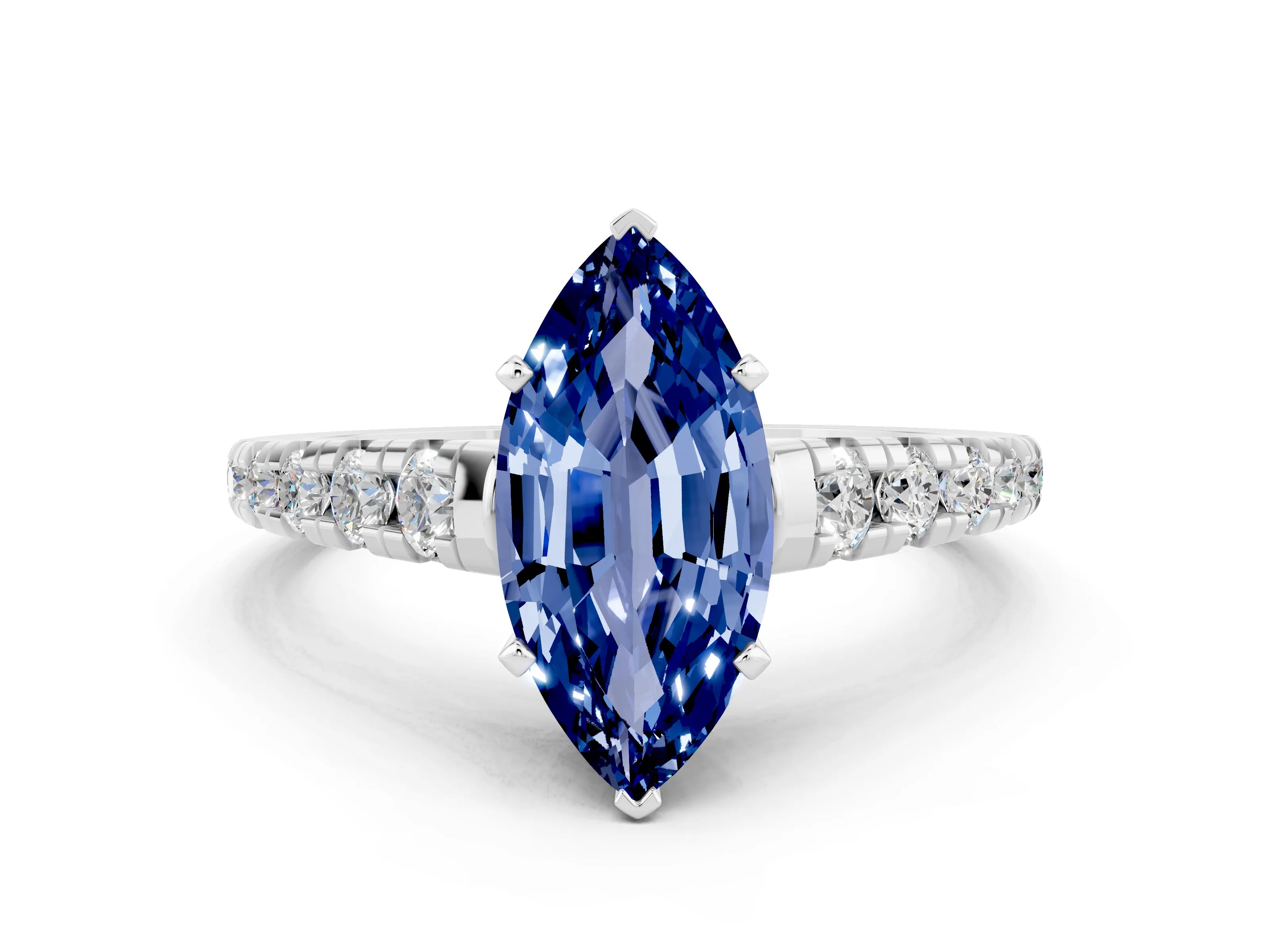 White gold Marquise Cut Blue Sapphire Solitaire Ring with Cathedral Setting and Pavé Band