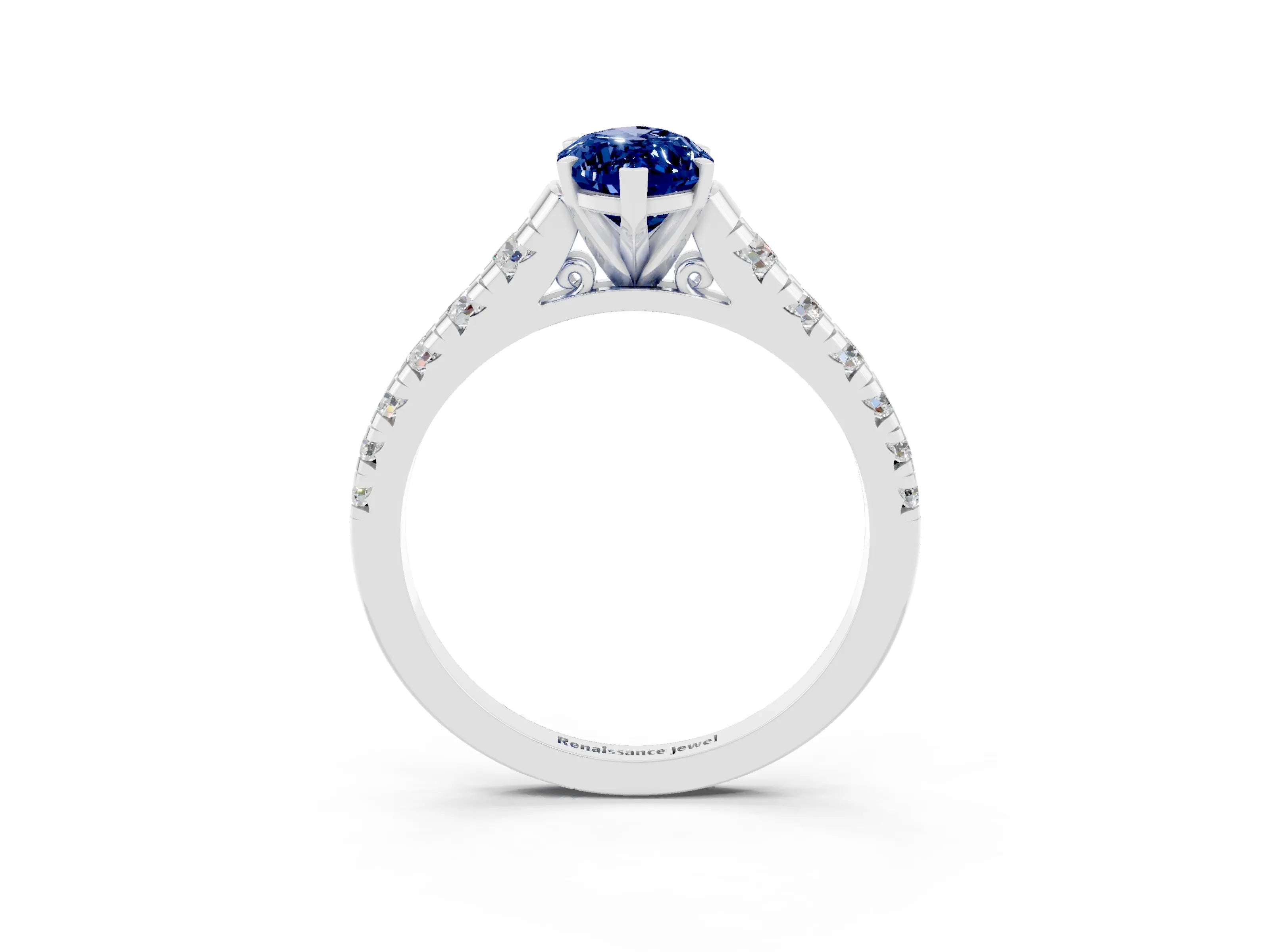 White gold Marquise Cut Blue Sapphire Solitaire Ring with Cathedral Setting and Pavé Band_3