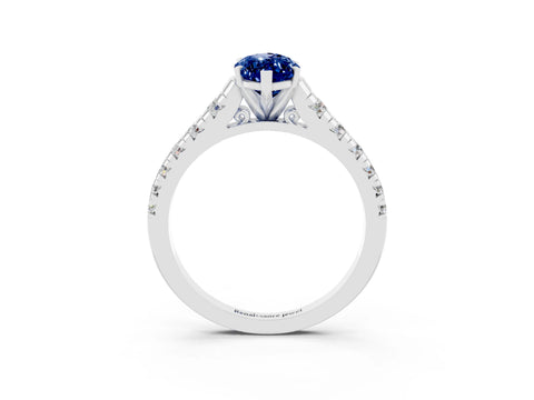 White gold Marquise Cut Blue Sapphire Solitaire Ring with Cathedral Setting and Pavé Band_3