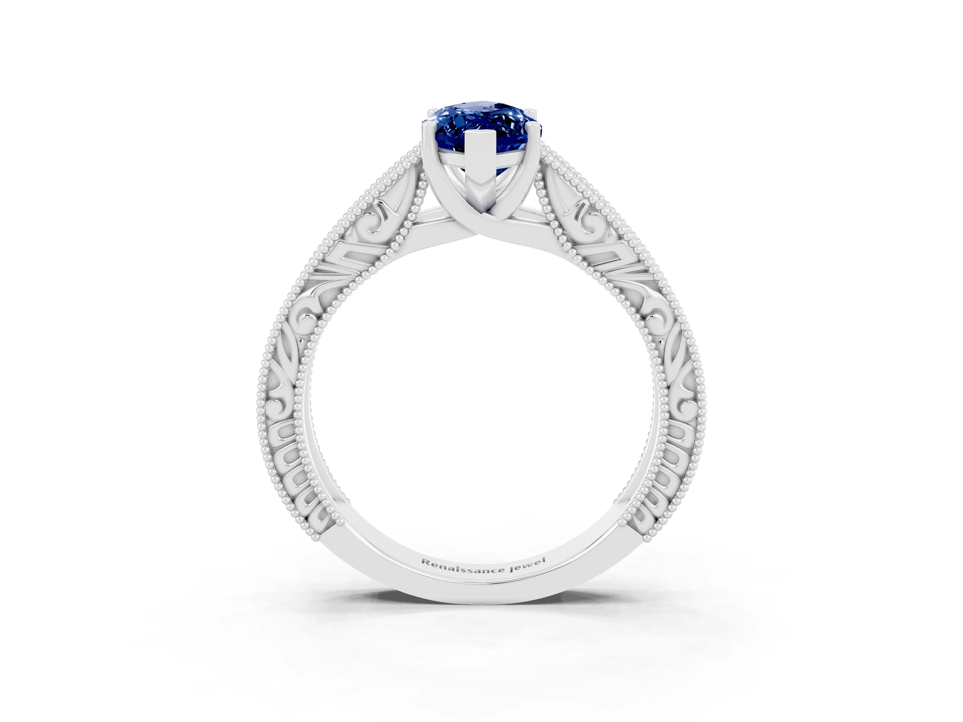 White gold Marquise Cut Blue Sapphire Solitaire Ring with Engraved Band and Four-Prong Setting_3
