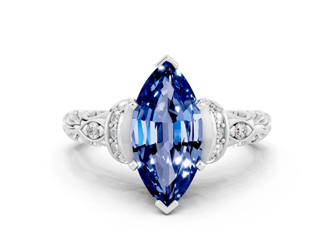 White gold Marquise Cut Blue Sapphire Solitaire Ring with Filigree Band and Four-Prong Setting_24