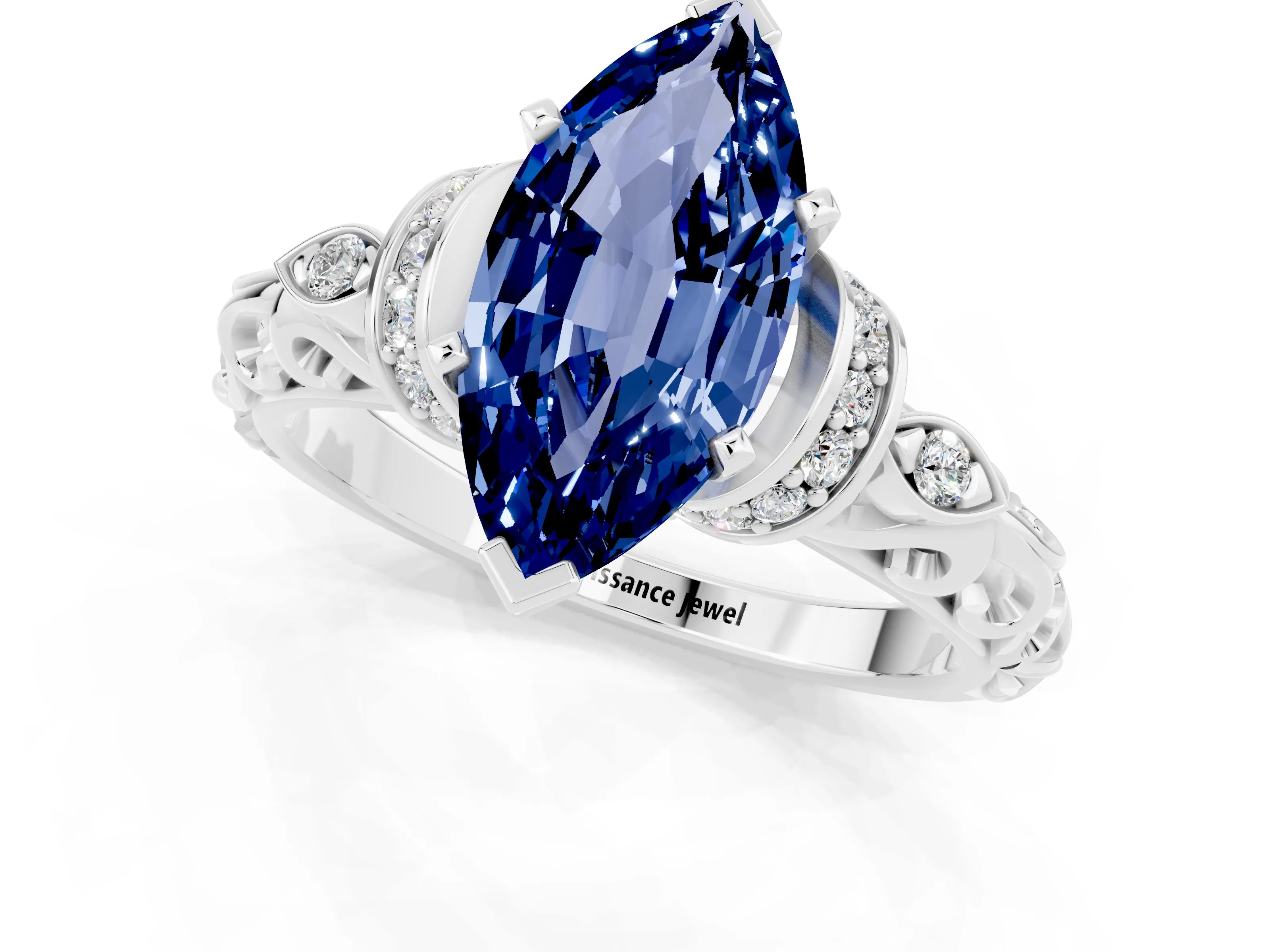 White gold Marquise Cut Blue Sapphire Solitaire Ring with Filigree Band and Four-Prong Setting_25
