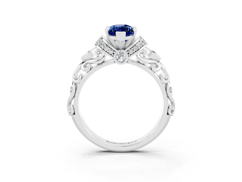 White gold Marquise Cut Blue Sapphire Solitaire Ring with Filigree Band and Four-Prong Setting_27