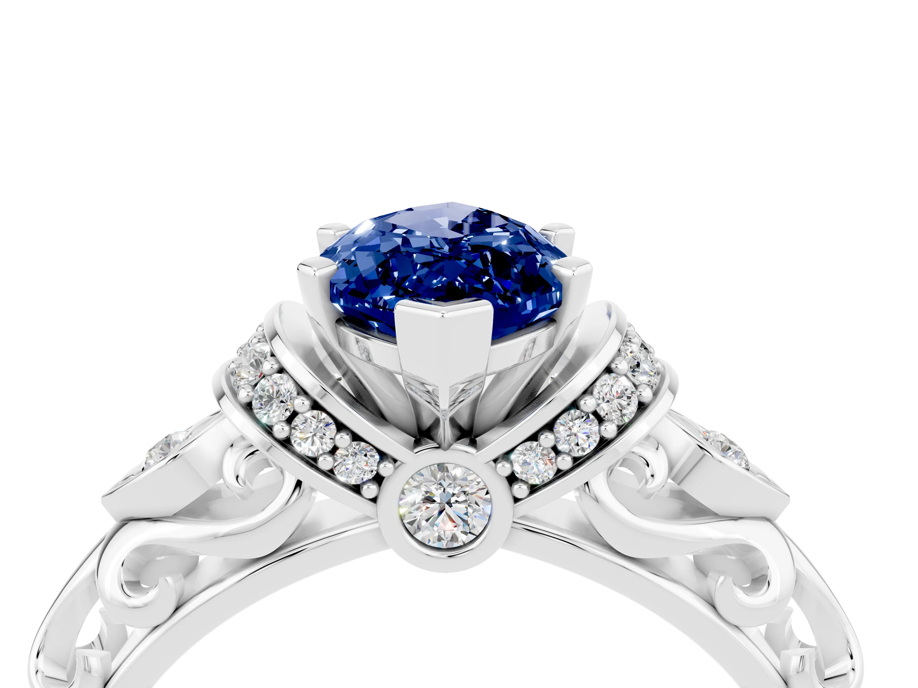 White gold Marquise Cut Blue Sapphire Solitaire Ring with Filigree Band and Four-Prong Setting_28